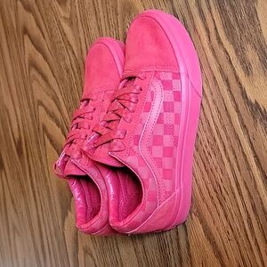 Red Checkered Vans with Suede and Checkered Laces - Men Size 5, Women Size 6.5